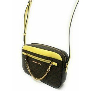 New Michael Kors Jet Set Item Large Zip Chain Crossbody Bag Brown / Buttercup